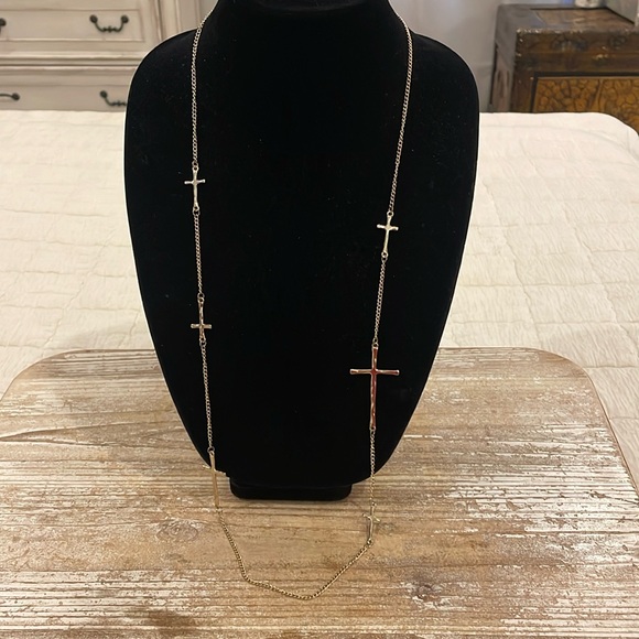 Jewelry - Vintage Gold Tone Cross Long Statement Religious Necklace